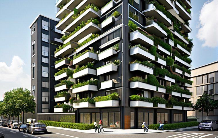 **

"A modern, multi-story apartment building in a densely populated city. The building incorporates vertical gardens and solar panels on the roof. Inside, show a compact apartment with multi-functional furniture: a sofa transforming into a bed, a table that expands. Emphasize efficient use of space and natural light."

**