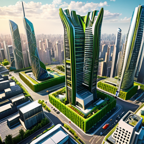 Home 18 A vibrant cityscape featuring modern architecture, including skyscrapers with unique designs and green, sustainable features. The image should emphasize the blend of technological advancement and cultural identity in urban environments.