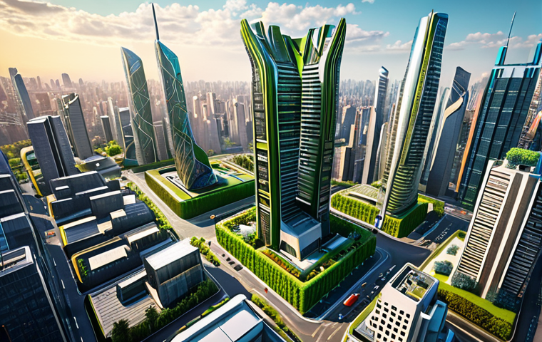 A vibrant cityscape featuring modern architecture, including skyscrapers with unique designs and green, sustainable features. The image should emphasize the blend of technological advancement and cultural identity in urban environments.
