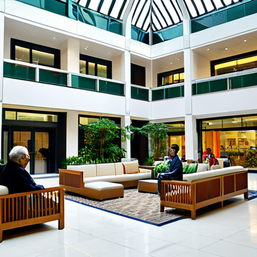 A vibrant, modern mixed-use complex atrium in an Indian city, bustling with diverse, fully clothed individuals. Professionals in modest business attire are seen chatting, families with children in appropriate clothing enjoy a shared space, and elderly people relax on benches. The architecture is sleek and contemporary, featuring large windows, indoor greenery, and a subtle integration of retail and office entrances. The atmosphere is harmonious and reflects the convenience of urban living. Perfect anatomy, correct proportions, natural pose, well-formed hands, proper finger count, natural body proportions, professional photography, high quality, safe for work, appropriate content, fully clothed, family-friendly.
