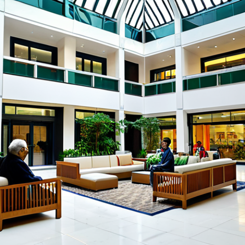 Home 17 A vibrant, modern mixed-use complex atrium in an Indian city, bustling with diverse, fully clothed individuals. Professionals in modest business attire are seen chatting, families with children in appropriate clothing enjoy a shared space, and elderly people relax on benches. The architecture is sleek and contemporary, featuring large windows, indoor greenery, and a subtle integration of retail and office entrances. The atmosphere is harmonious and reflects the convenience of urban living. Perfect anatomy, correct proportions, natural pose, well-formed hands, proper finger count, natural body proportions, professional photography, high quality, safe for work, appropriate content, fully clothed, family-friendly.