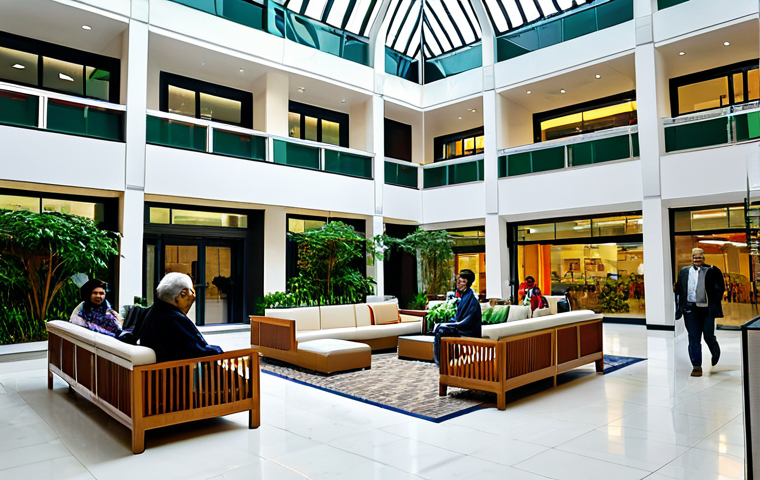 A vibrant, modern mixed-use complex atrium in an Indian city, bustling with diverse, fully clothed individuals. Professionals in modest business attire are seen chatting, families with children in appropriate clothing enjoy a shared space, and elderly people relax on benches. The architecture is sleek and contemporary, featuring large windows, indoor greenery, and a subtle integration of retail and office entrances. The atmosphere is harmonious and reflects the convenience of urban living. Perfect anatomy, correct proportions, natural pose, well-formed hands, proper finger count, natural body proportions, professional photography, high quality, safe for work, appropriate content, fully clothed, family-friendly.