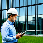 **

A modern office building with large glass windows, showing a structural engineer inspecting the building's foundation. The engineer is fully clothed in appropriate work attire, using a tablet with building schematics displayed. Lush green landscaping surrounds the building. "Safe for work", "appropriate content", "fully clothed", "professional", "perfect anatomy", "correct proportions", "natural pose", high quality rendering.

**
