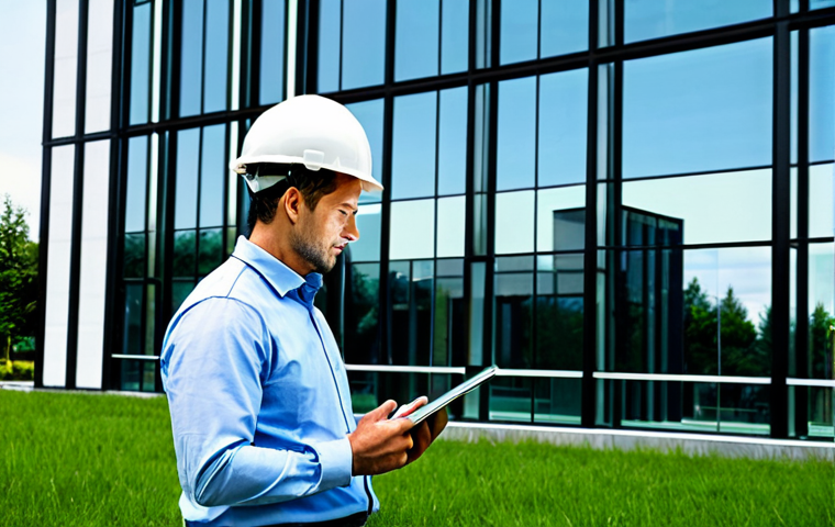 **

A modern office building with large glass windows, showing a structural engineer inspecting the building's foundation. The engineer is fully clothed in appropriate work attire, using a tablet with building schematics displayed. Lush green landscaping surrounds the building. "Safe for work", "appropriate content", "fully clothed", "professional", "perfect anatomy", "correct proportions", "natural pose", high quality rendering.

**