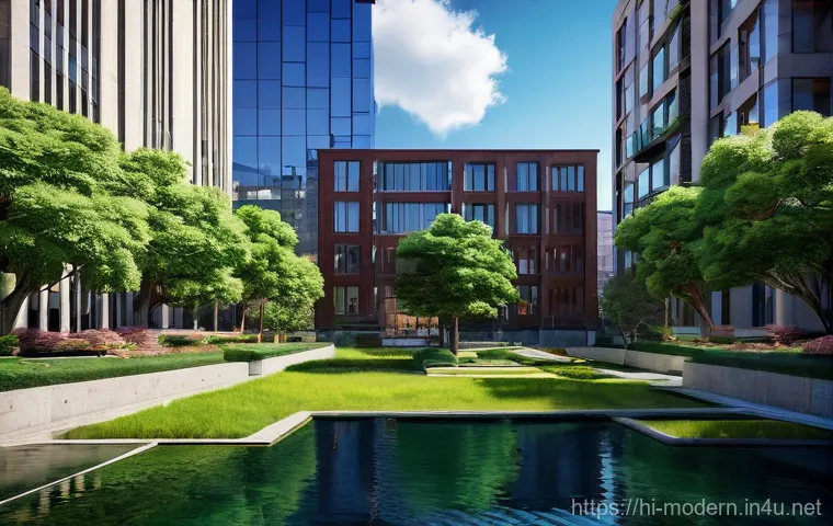 현대건축물 그린 루프 적용 - The following are three detailed image prompts in English, designed to be appropriate for a 15+ audi...