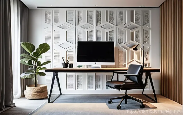 현대건축물 방음 건축 기술 - **Prompt:** "A serene, modern home office interior designed for ultimate tranquility. The walls are ...