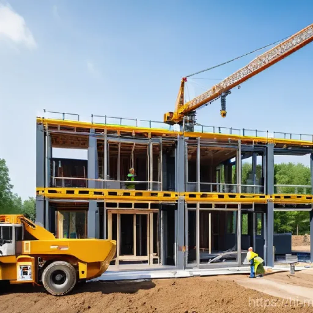 현대건축물 모듈러 건축 - **Modular Home Assembly in Progress**
    An aerial wide shot of a pristine, organized construction ...