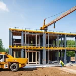 현대건축물 모듈러 건축 - **Modular Home Assembly in Progress**
    An aerial wide shot of a pristine, organized construction ...