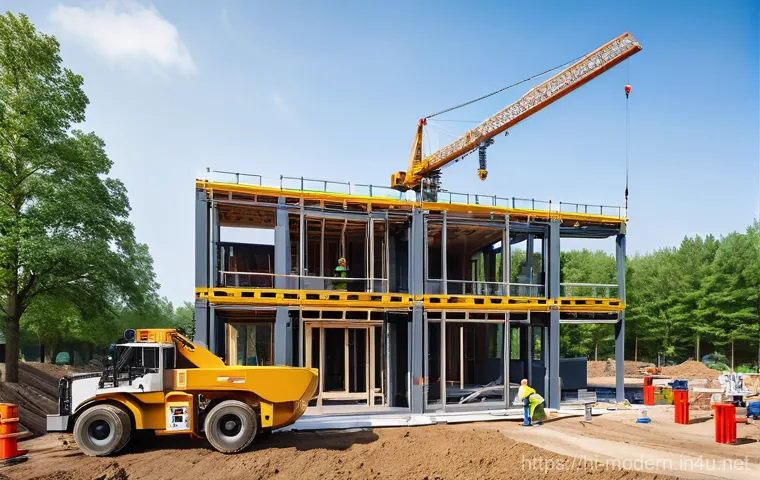 현대건축물 모듈러 건축 - **Modular Home Assembly in Progress**
    An aerial wide shot of a pristine, organized construction ...