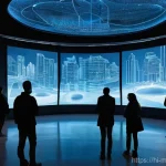 현대건축물 박물관 건축 사례 - **Prompt:** A group of diverse people, including adults and teenagers, are captivated inside a futur...