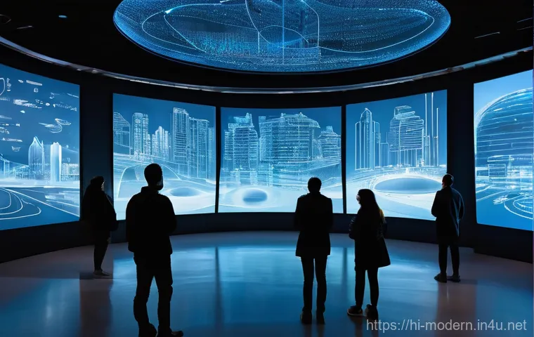 현대건축물 박물관 건축 사례 - **Prompt:** A group of diverse people, including adults and teenagers, are captivated inside a futur...