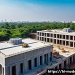 현대건축물 3D 프린팅 건축 - A wide-angle, high-resolution architectural photograph capturing a large-scale 3D concrete printer i...