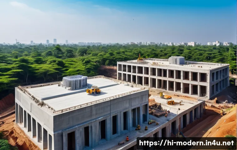 현대건축물 3D 프린팅 건축 - A wide-angle, high-resolution architectural photograph capturing a large-scale 3D concrete printer i...