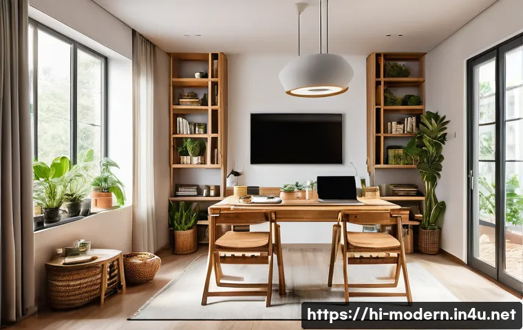현대건축물 공간 효율성 증대 - A modern multifunctional living room transforming seamlessly into a home office space in an urban In...