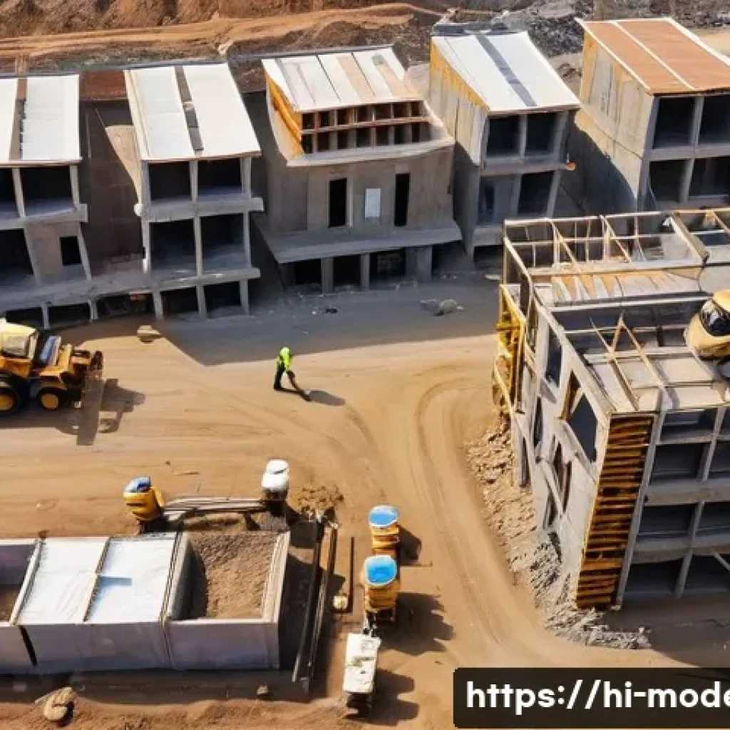 현대건축물 드론 활용 건설 기술 - A high-resolution aerial view of a busy construction site in India captured by a drone, showing mult...