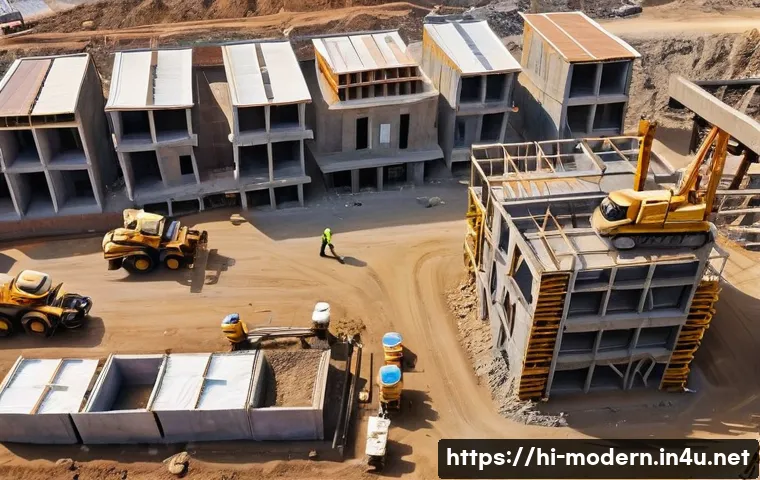 현대건축물 드론 활용 건설 기술 - A high-resolution aerial view of a busy construction site in India captured by a drone, showing mult...