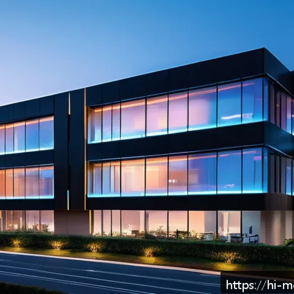 현대건축물 AI 기반 유지보수 - A modern smart building exterior at dusk with visible embedded sensors on walls, roof, and foundatio...