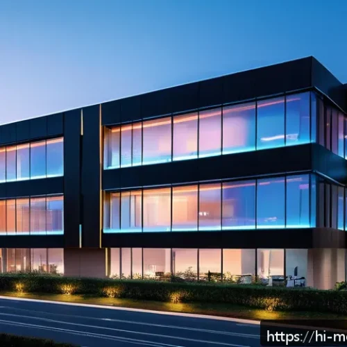 Home 33 현대건축물 AI 기반 유지보수 - A modern smart building exterior at dusk with visible embedded sensors on walls, roof, and foundatio...