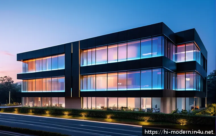 현대건축물 AI 기반 유지보수 - A modern smart building exterior at dusk with visible embedded sensors on walls, roof, and foundatio...