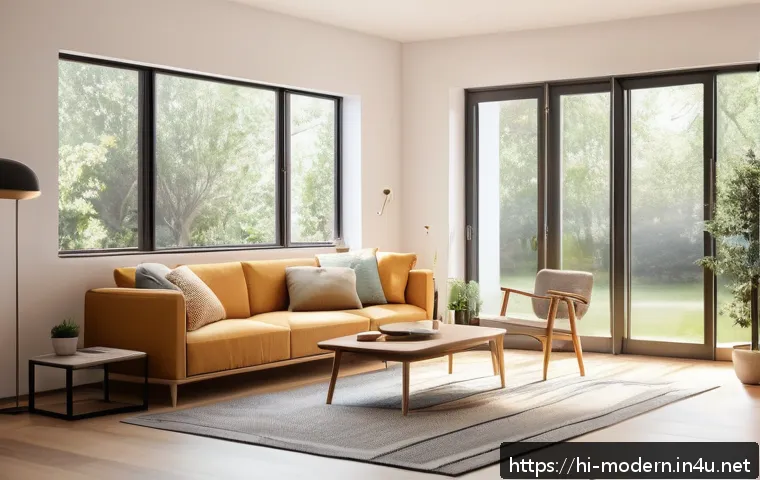 현대건축물 공동주택 최적 설계 - A modern smart home interior featuring minimalist multifunctional furniture such as foldable tables ...