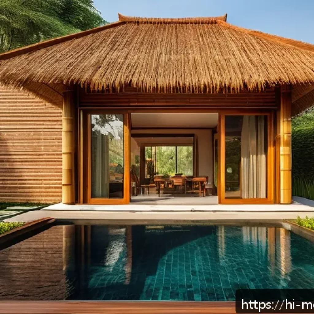현대건축물 건축 재료 친환경화 - A modern eco-friendly home featuring a bamboo roof with intricate weaving patterns, showcasing natur...