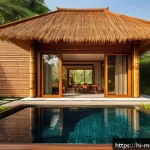 Home 18 현대건축물 건축 재료 친환경화 - A modern eco-friendly home featuring a bamboo roof with intricate weaving patterns, showcasing natur...