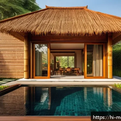 Home 30 현대건축물 건축 재료 친환경화 - A modern eco-friendly home featuring a bamboo roof with intricate weaving patterns, showcasing natur...