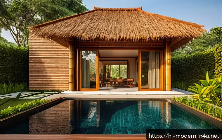 현대건축물 건축 재료 친환경화 - A modern eco-friendly home featuring a bamboo roof with intricate weaving patterns, showcasing natur...