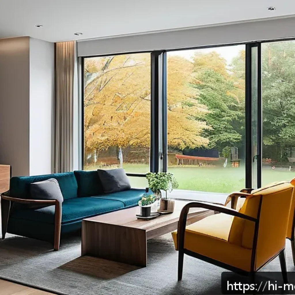 현대건축물 스마트 창호 기술 - A modern living room with large smart windows featuring automatic tinting, showing the windows gradu...