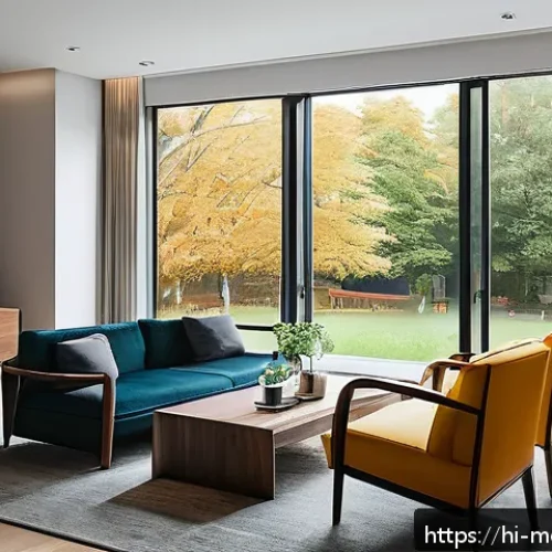 Home 17 현대건축물 스마트 창호 기술 - A modern living room with large smart windows featuring automatic tinting, showing the windows gradu...