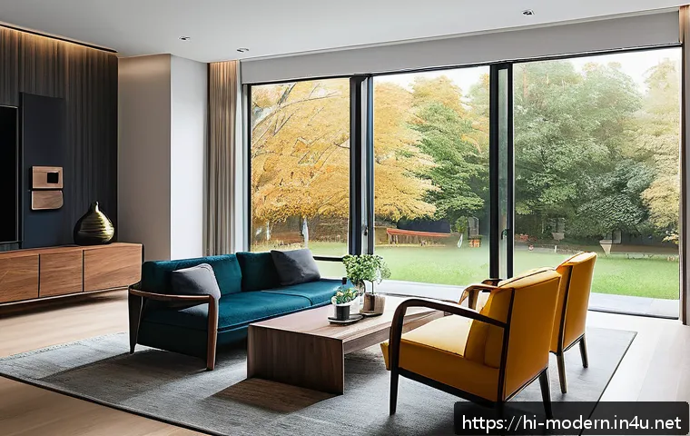 현대건축물 스마트 창호 기술 - A modern living room with large smart windows featuring automatic tinting, showing the windows gradu...