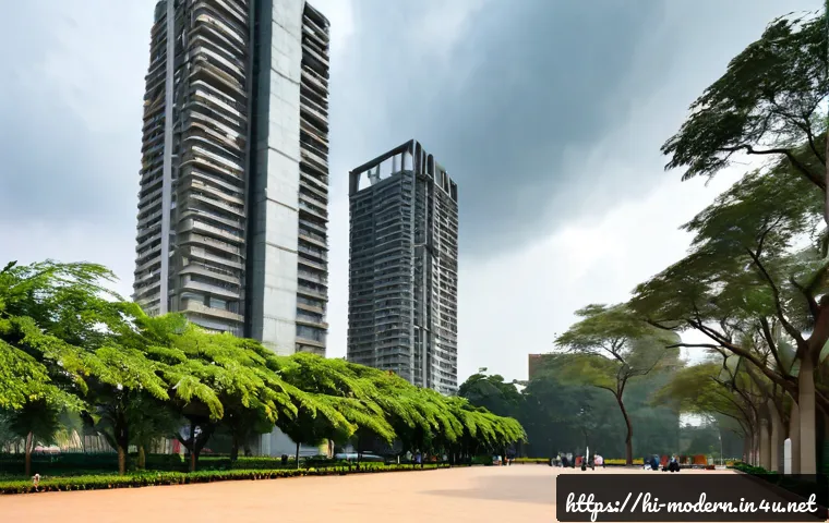현대건축물 고층 건물 바람 영향 - Photorealistic modern high-rise residential towers in a major Indian city during strong wind, tall g...