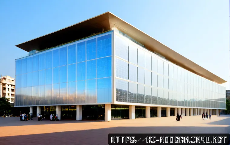 현대건축물 신소재 적용 사례 - Photorealistic contemporary civic building in an Indian city, sweeping facade made of translucent ph...