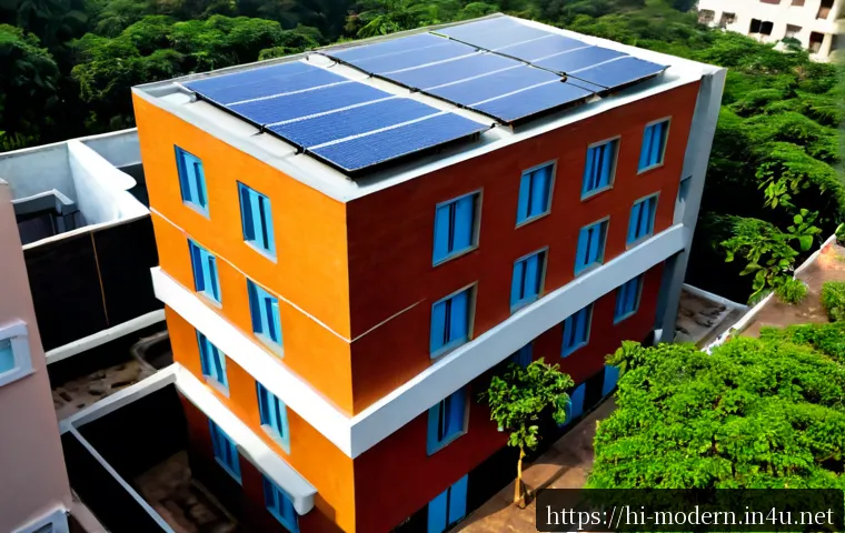 현대건축물 저비용 고효율 설계 - Photorealistic wide-angle view of a modern low-cost high-efficiency residential building in an India...